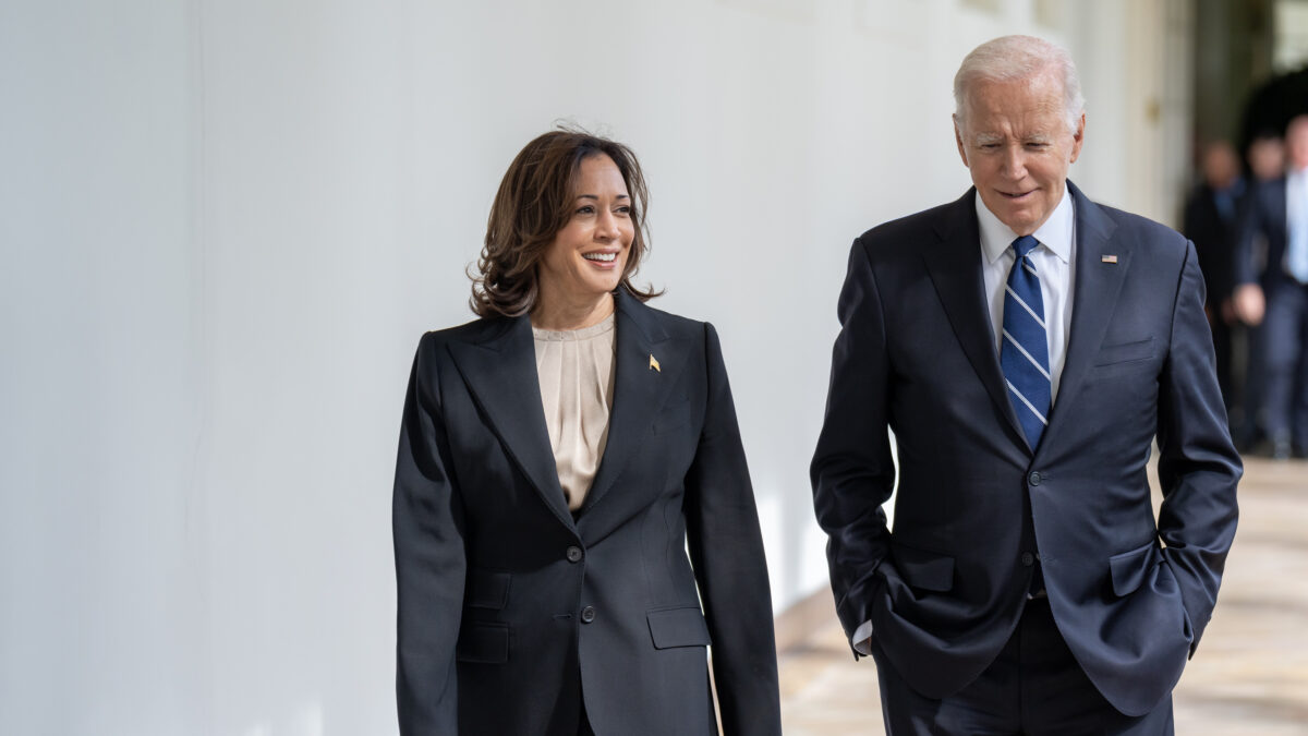 President Joe Biden and Vice President Kamala Harris walk along the West Colonnade of the White House, Tuesday, October 10, 2023, to the Oval Office. (Official White House Photo by Adam Schultz)
