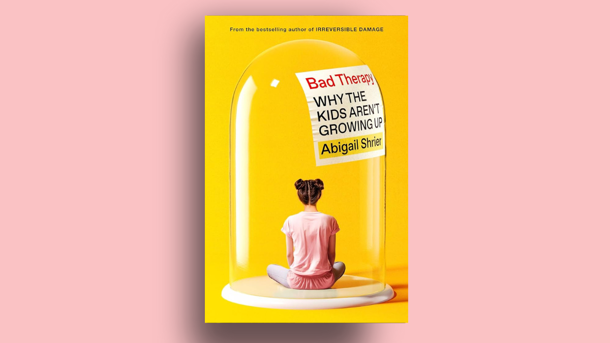Abigail Shrier's "Bad Therapy" book cover on pink background