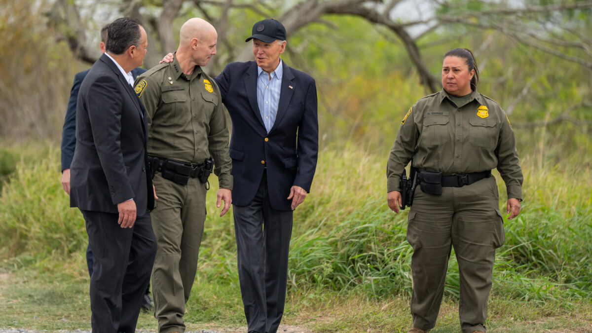 President Joe Biden receives a briefing while walking along the U.S.-Mexico border in Brownsville, Texas, Thursday, February 29, 2024. (Official White House Photo by Adam Schultz)