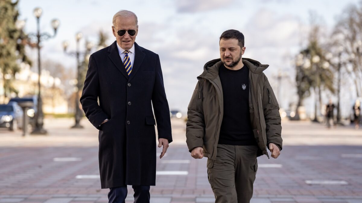 President Joe Biden and Ukrainian President Volodymyr Zelenskyy talk at the Walk of the Brave, Monday, February 20, 2023, during an unannounced visit to Kyiv, Ukraine. (Official White House Photo by Adam Schultz)