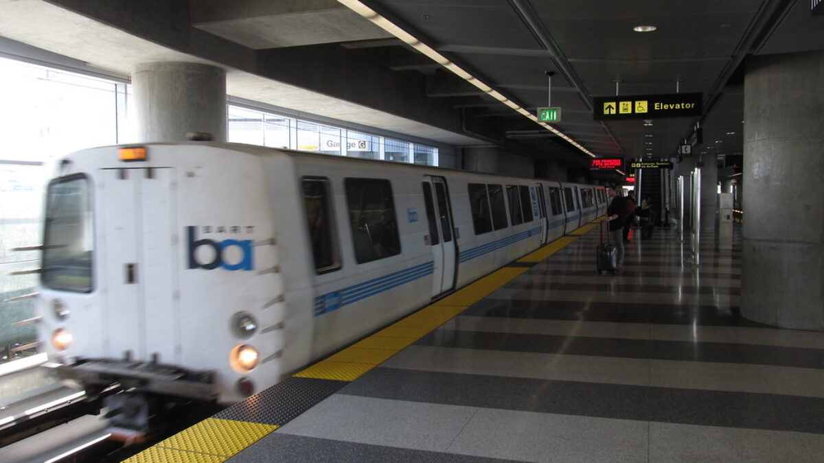 Photo of a Bay Area light rail train at the San Francisco International Airport.