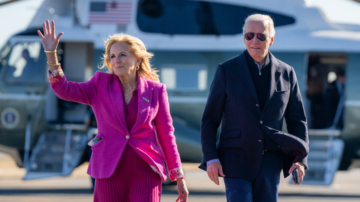 President Joe Biden and First Lady Jill Biden disembark Marine One at Philadelphia International Airport, Saturday, February 3, 2024, and board Air Force One en route to Los Angeles. (Official White House Photo by Adam Schultz)