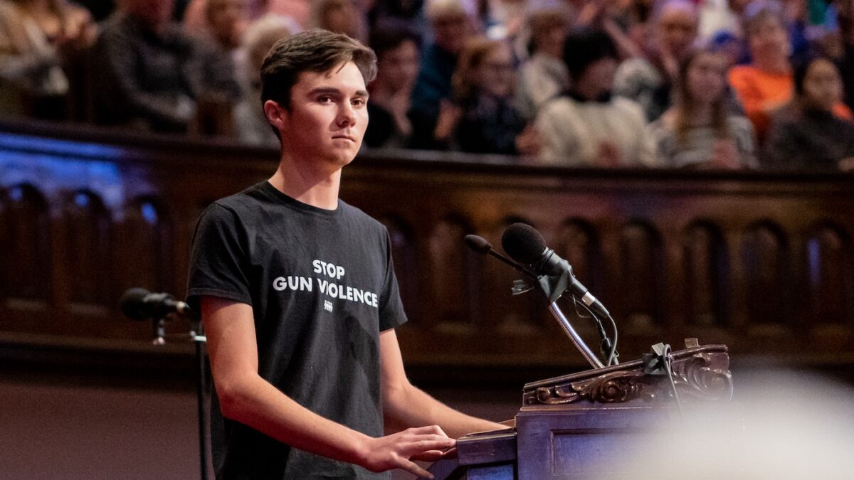 David Hogg speaks to an audience