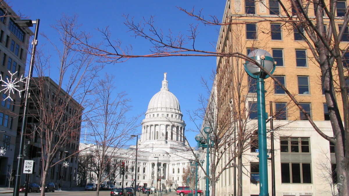 View of the State Capitol from Madison's State Street in winter.