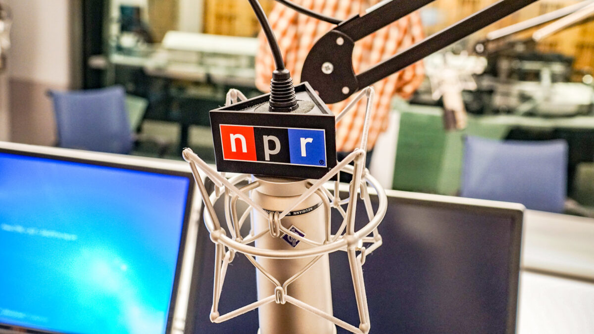 NPR microphone in a newsroom