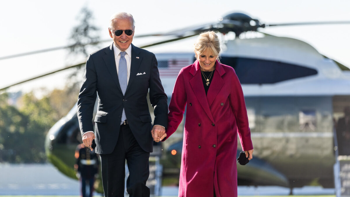 President Joe Biden and First Lady Jill Biden disembark Marine One and walk across the South Lawn of the White House, Monday, November 8, 2021, after their trip to Rehoboth Beach, Delaware. (Official White House Photo by Adam Schultz) This official White House photograph is being made available only for publication by news organizations and/or for personal use printing by the subject(s) of the photograph. The photograph may not be manipulated in any way and may not be used in commercial or political materials, advertisements, emails, products, promotions that in any way suggests approval or endorsement of the President, the First Family, or the White House.