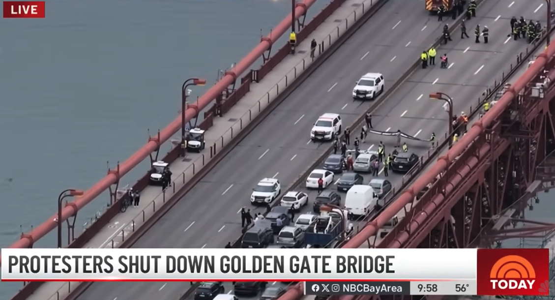 protestors shutting down the golden gate bridge with blockade
