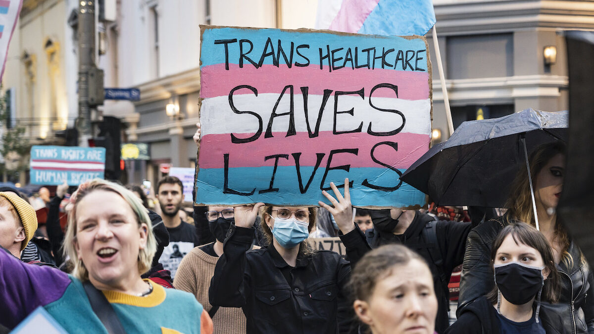 person holding trans health care sign at LGBT march