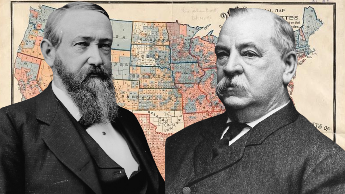black and white photos of Grover Cleveland and Benjamin Harrison