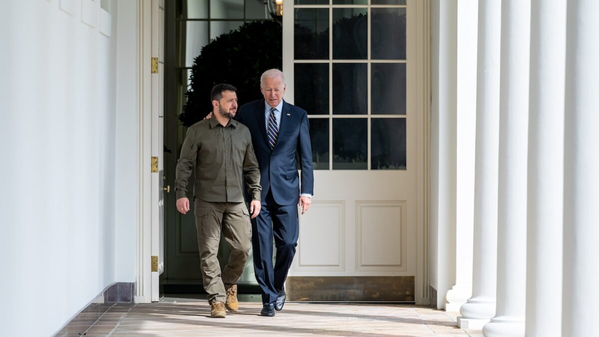 Joe Biden walks with Ukraine President Zelensky at the White House