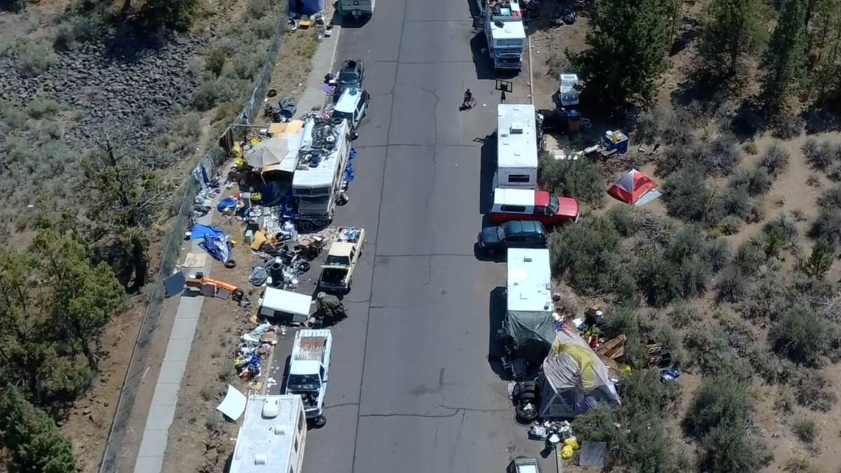 RVs and tents in Oregon homeless camp