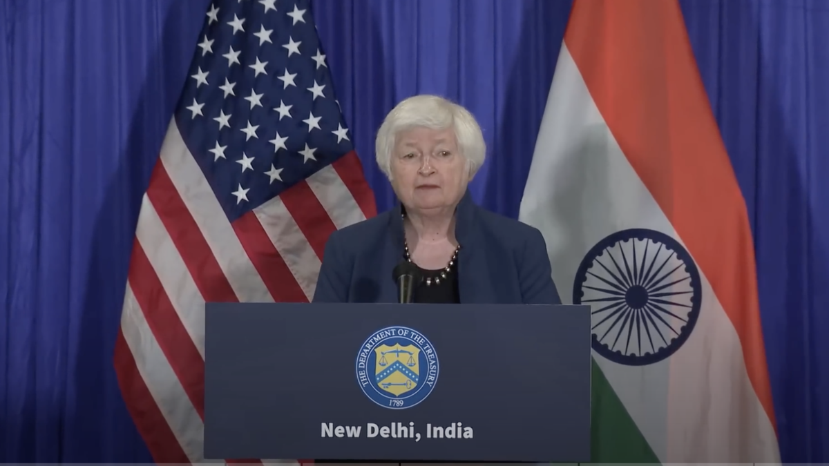 U.S. Treasury Secretary Janet Yell addressing the press in India.