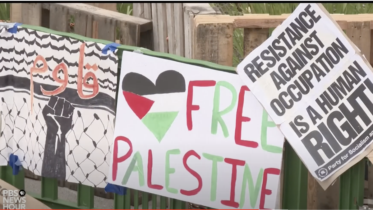 Pro-Palestinian signs line a college campus amid protests at universities nationwide.
