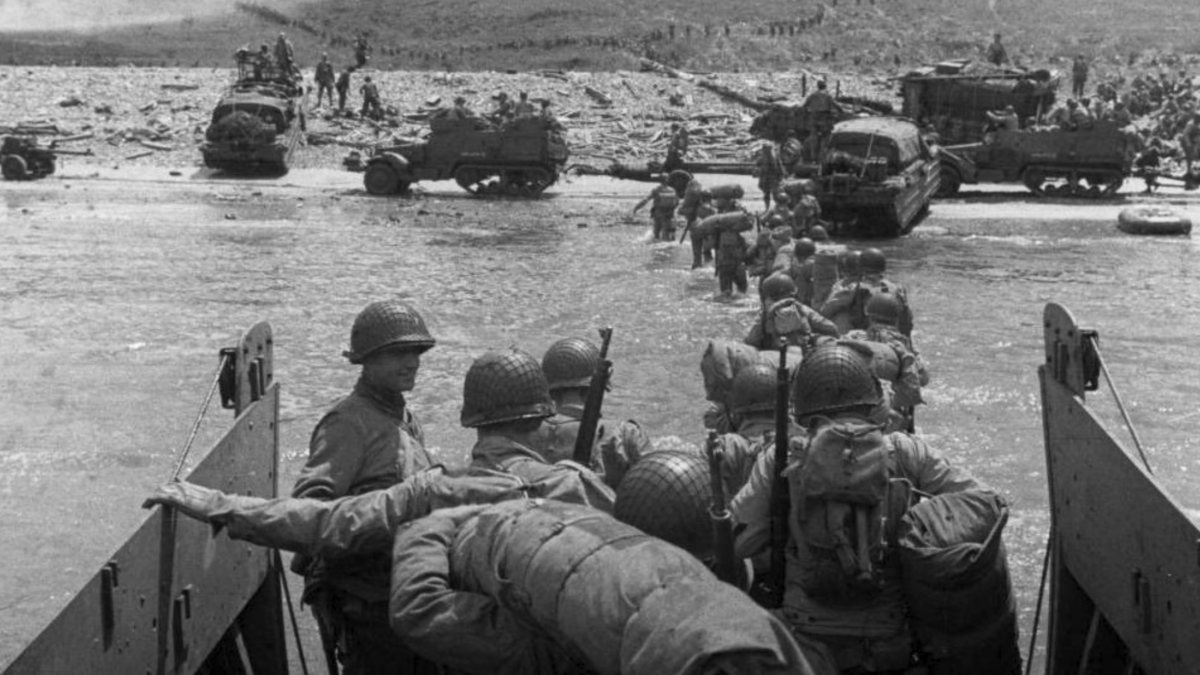 Soldiers coming ashore at Normandy on D-Day.