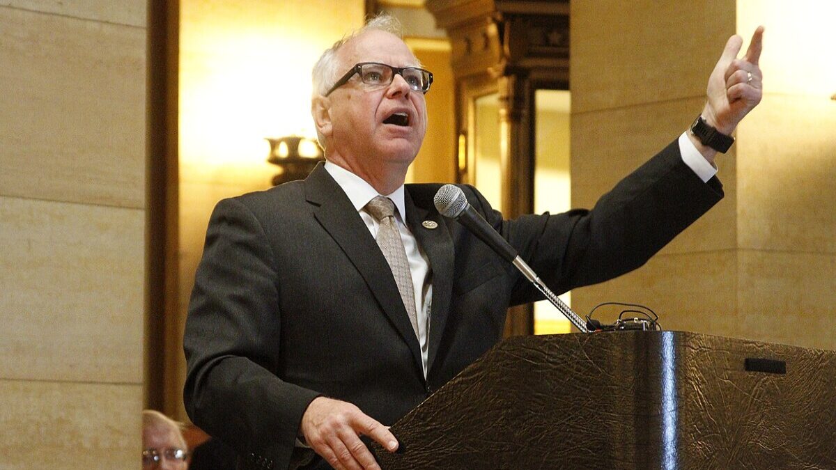 Tim Walz giving a speech.