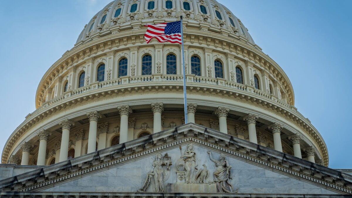 U.S. Capitol closeup of dome and flag