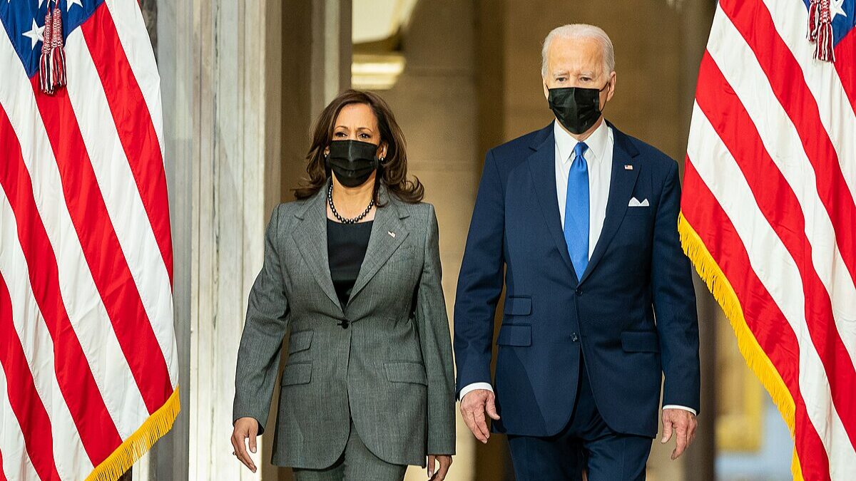 Biden and Harris preparing to give remarks.