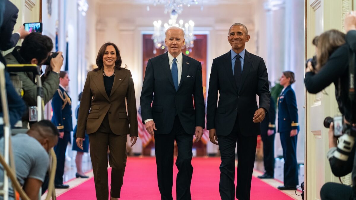 Kamala Harris, Joe Biden, And Barack Obama walking together in a line