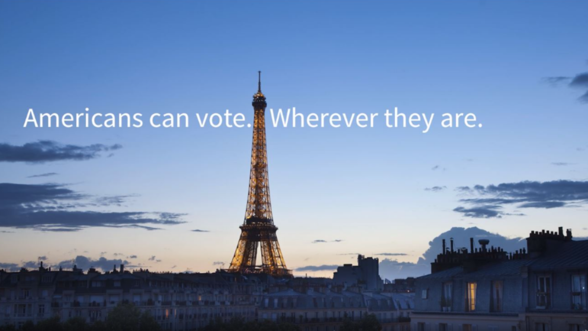 photo of eiffel tower with text about americans voting from "wherever they are"