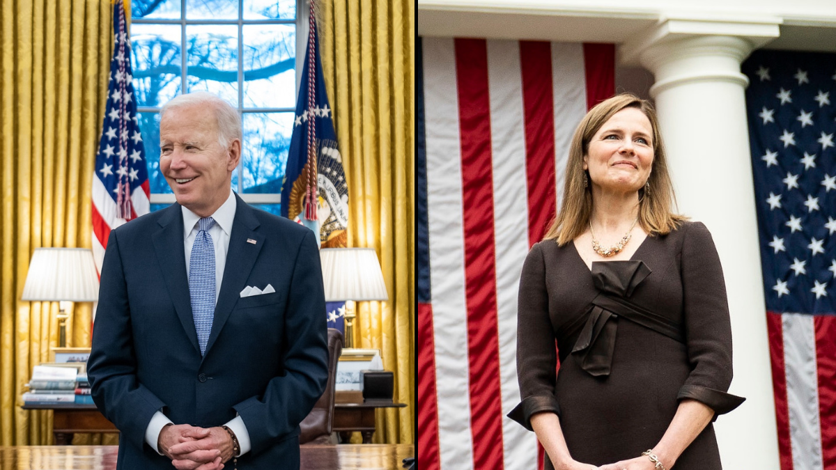 Joe Biden standing in Oval Office next to photo of Amy Coney Barrett standing in front of American flags