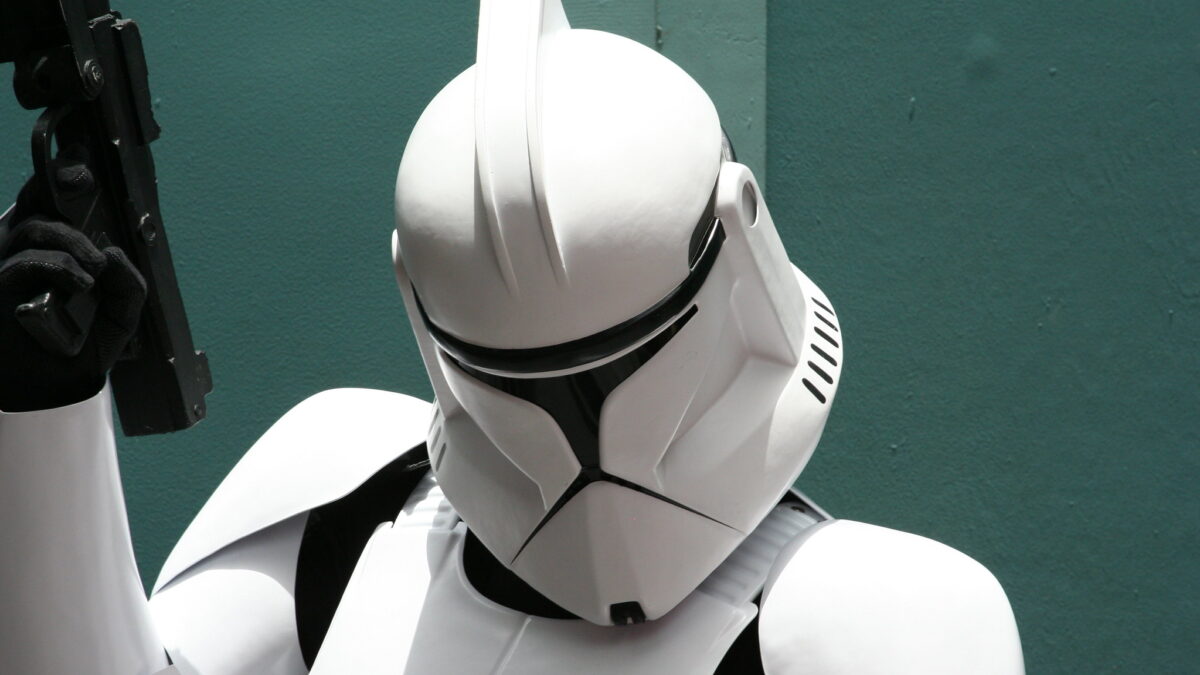 A person cosplaying as a Disney Star Wars clone trooper.