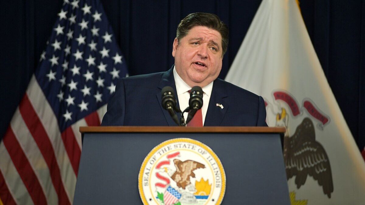 J.B. Pritzker speaking at a presser.