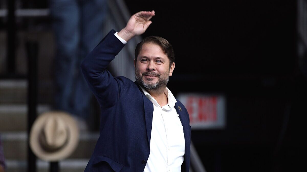 Ruben Gallego appearing at a Harris rally in AZ.