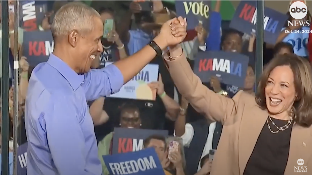 Vice President Kamala Harris and former President Barack Obama appear at a campaign rally in Georgia.