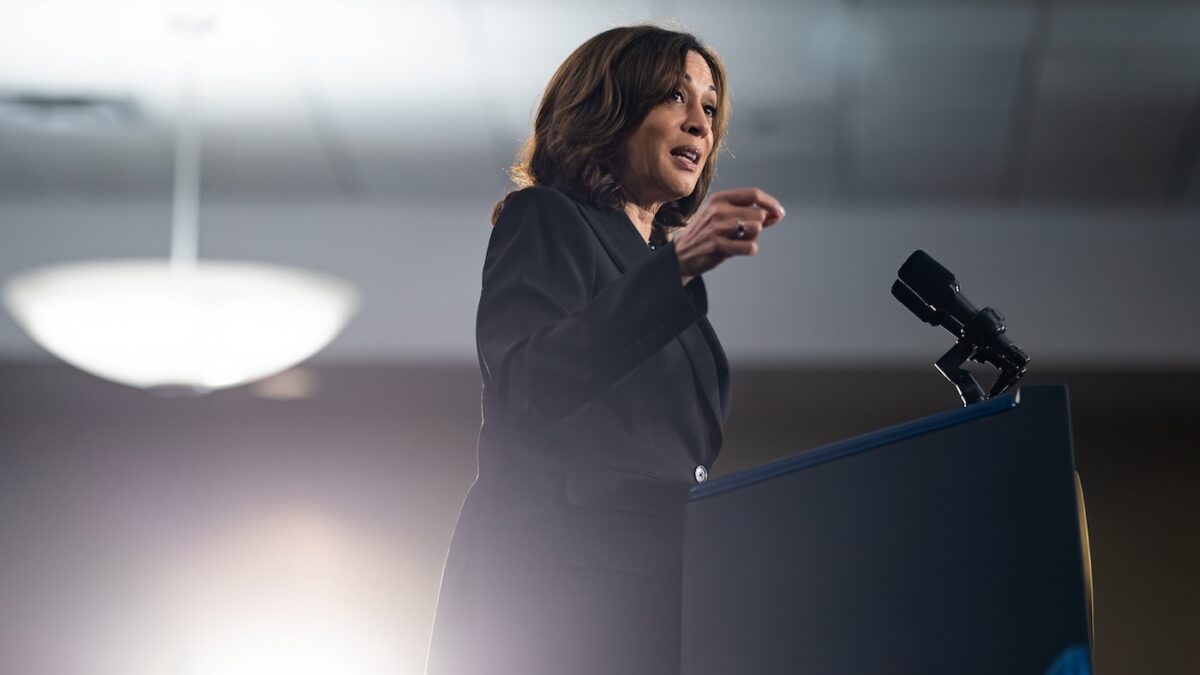 Kamala Harris speaking from podium