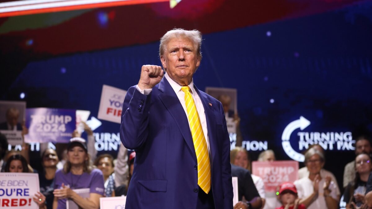 Donald Trump pumping his fist at a rally