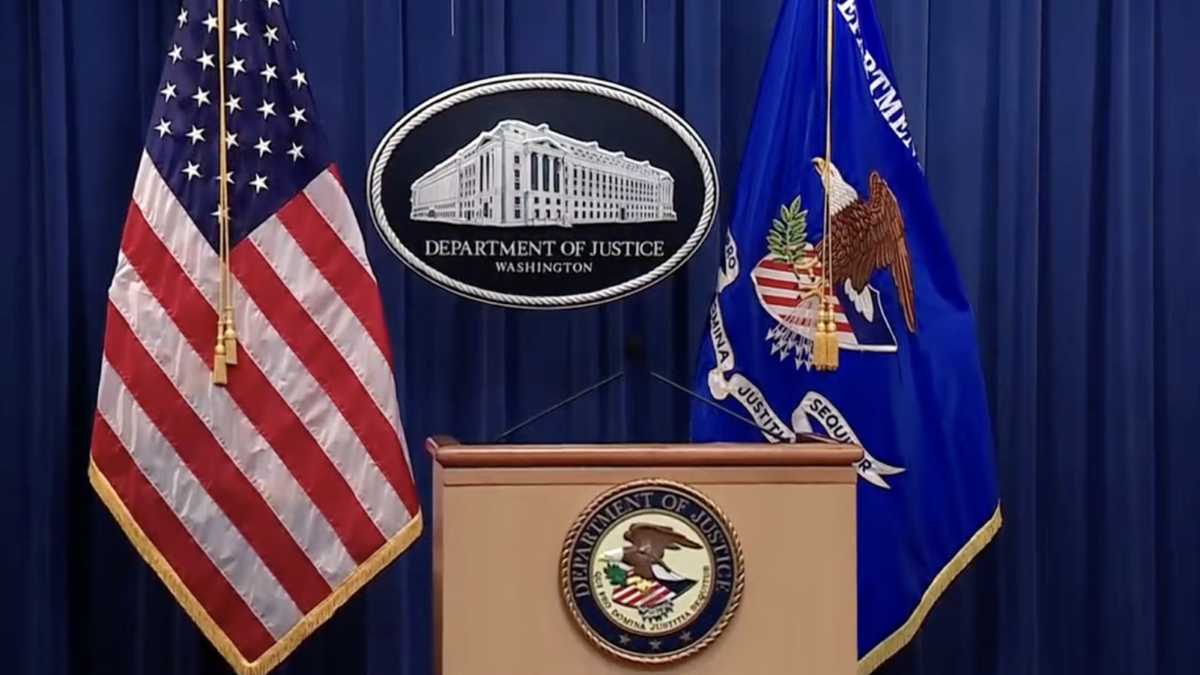 DOJ podium before press conference