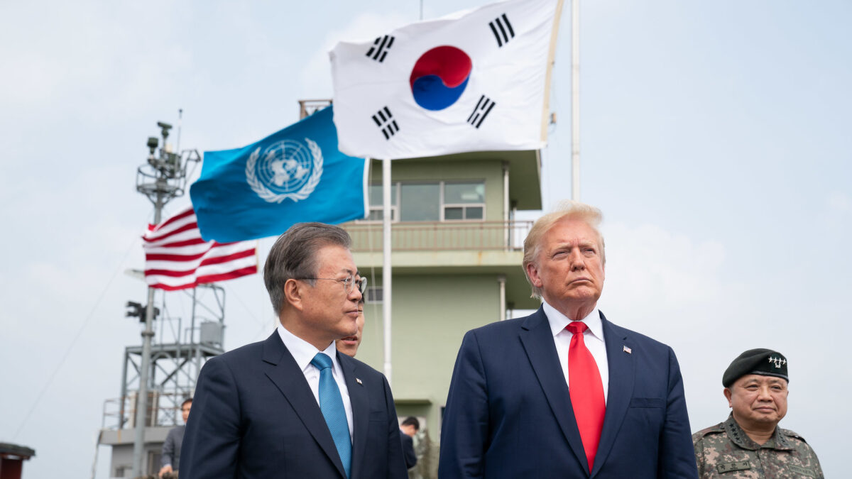 President Donald J. Trump walks with Republic of South Korea President Moon Jae-in from Freedom House toward the military demarcation line between South and North Korea on Sunday, June 30, 2019, at the Korean Demilitarized Zone.