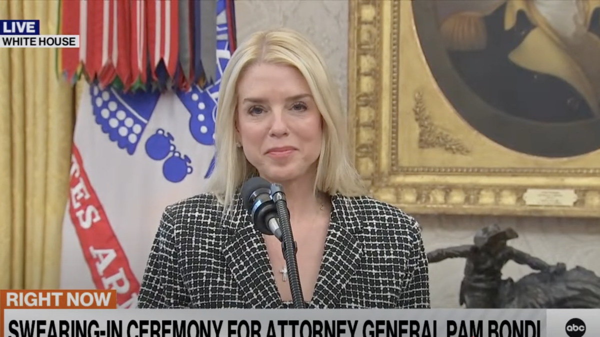 Pam Bondi addresses the media after being sworn in as attorney general.