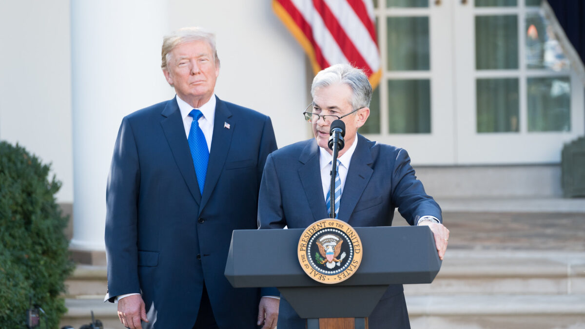 Jerome Powell speaks outside White House next to Donald Trump