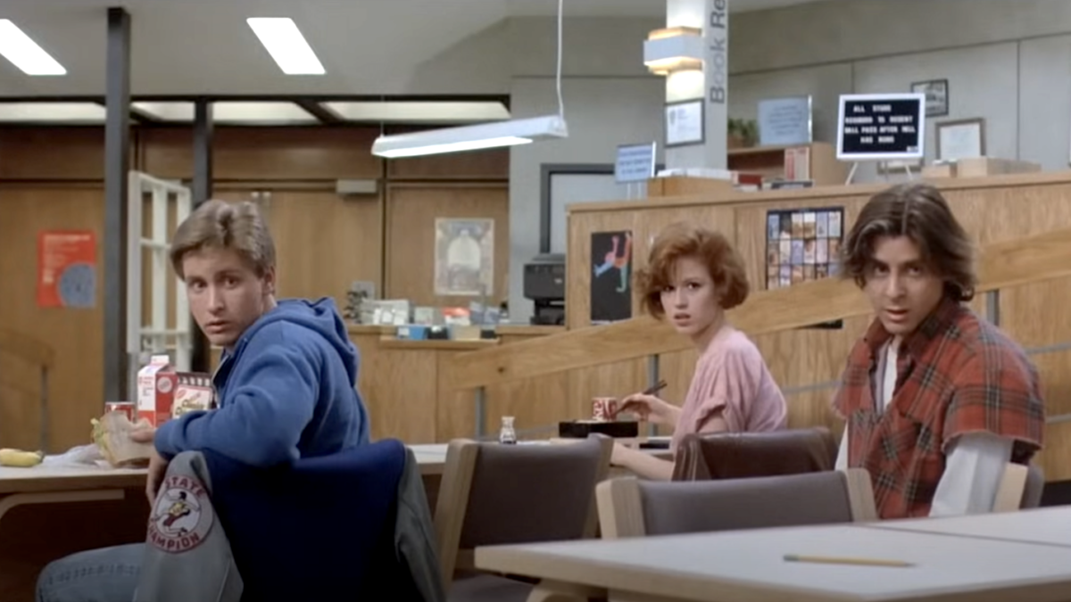 breakfast club scene of jock, cheerleader, and rebel eating lunch