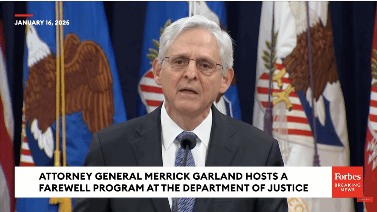 Former Attorney General Merrick Garland speaks during his DOJ farewell address.