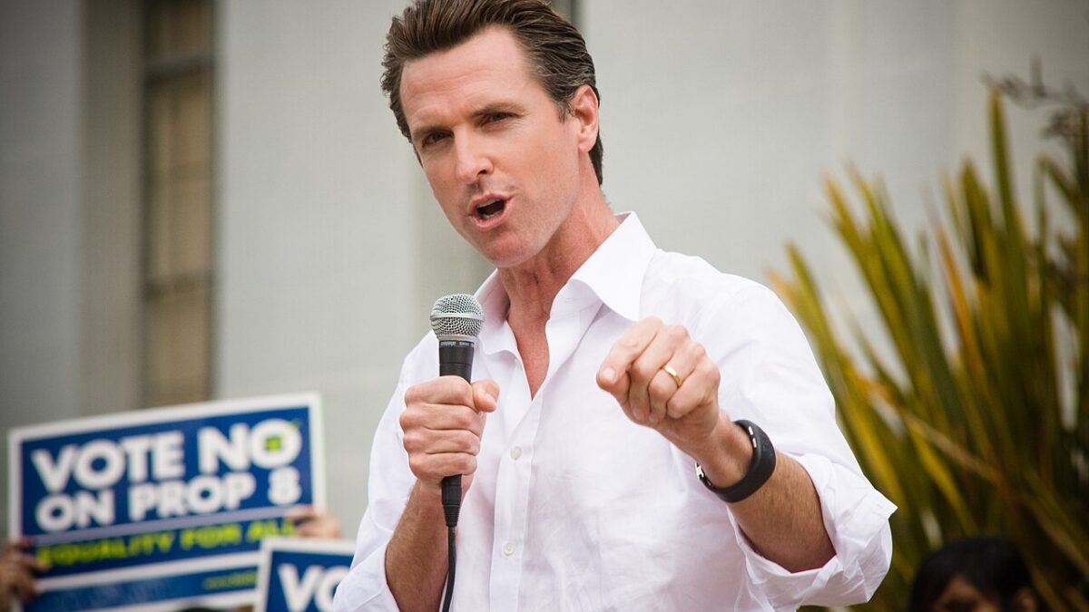 Gavin Newsom giving a speech.