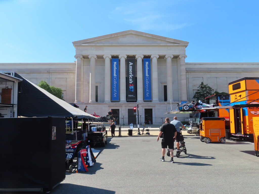 indycar trailers in front of national art gallery
